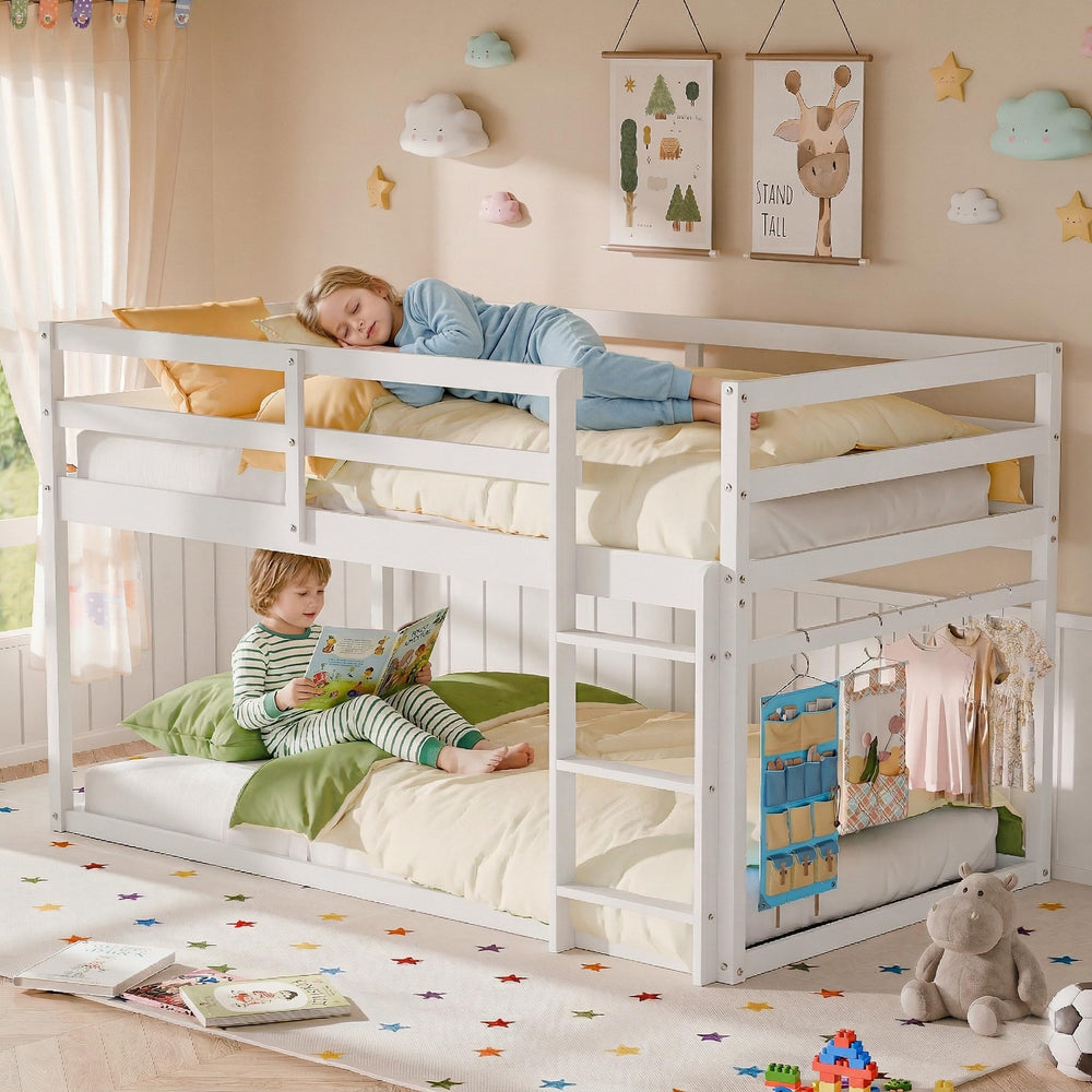 Twin Over Twin Low Bunk Bed with Full Guardrails