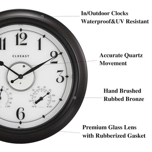 18-Inch Illuminated Outdoor Wall Clock with Thermometer & Hygrometer