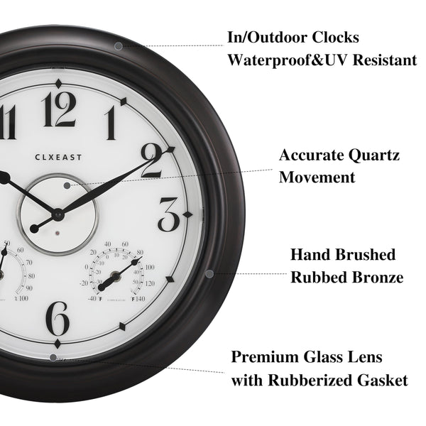 18-Inch Illuminated Outdoor Wall Clock with Thermometer & Hygrometer