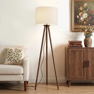 Rubberwood Tripod Floor Lamp — 60.6", 15.7" Linen Shade, Walnut Finish, E26