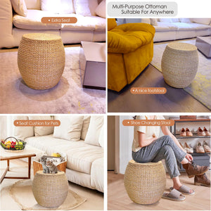 Handwoven Natural Cattail Pouf Ottoman