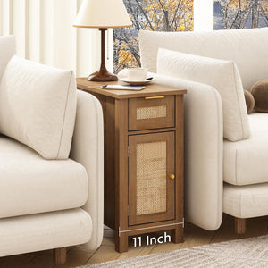 Narrow End Table with Charging Station – Midcentury Rattan Side Table with USB Ports & Storage