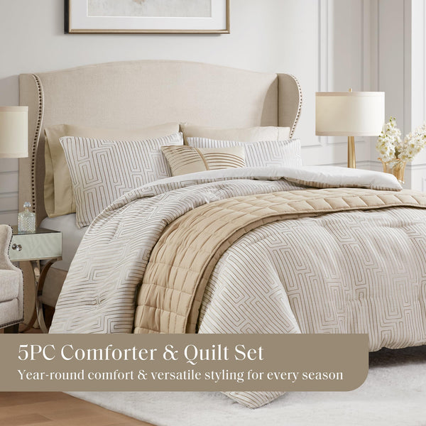 5-Piece Jacquard Comforter & Quilt Bedding Set – Queen, King, Cal King