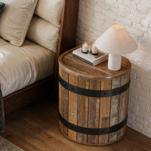 Farmhouse Barrel Side Table with Hidden Storage