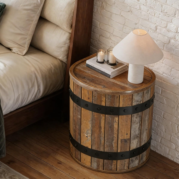 Farmhouse Barrel Side Table with Hidden Storage