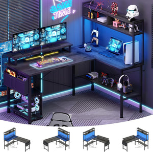 L-Shaped Gaming & Home Office Desk with Power Outlets, LED Lights & Monitor Stand