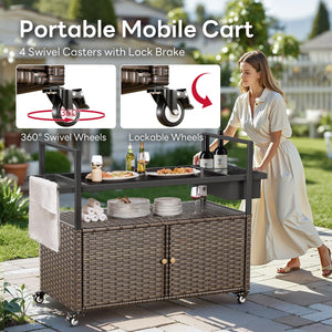 Outdoor Wicker Bar Cart with Storage Cabinet & Tempered Glass Top