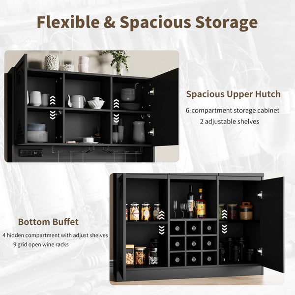 71-Inch Tall Wine Bar Cabinet with LED Lights & Charging Station