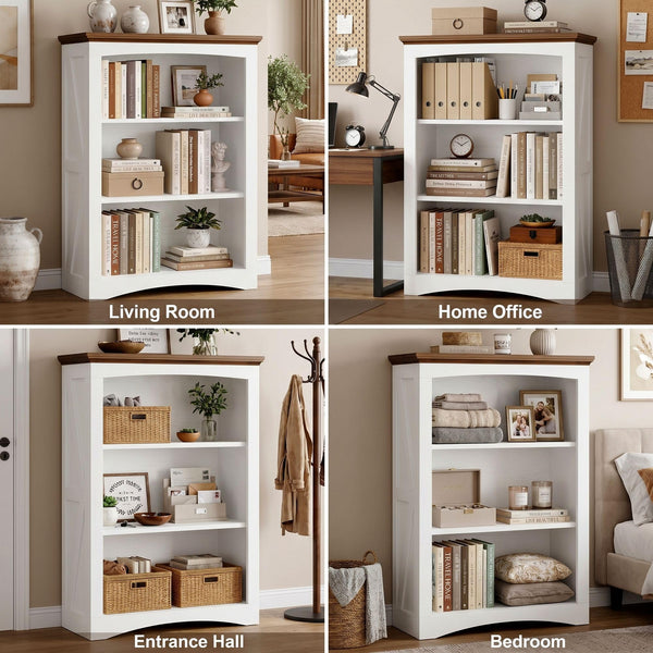 3-Tier Farmhouse Bookshelf, 43" Tall Wide Floor Standing Bookcase