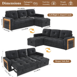 HIFIT 81" LED Sectional Sleeper Sofa with Pull Out Couch Bed, Convertible L Shaped Couch with Storage & USB & Adjustable Backrest & 2 Pillows, Chenille Sectional Couch for Living Room Bedroom, Black