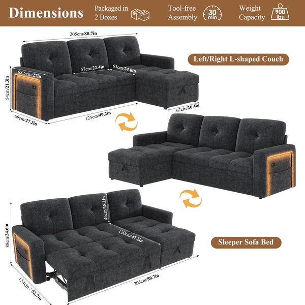 HIFIT 81" LED Sectional Sleeper Sofa with Pull Out Couch Bed, Convertible L Shaped Couch with Storage & USB & Adjustable Backrest & 2 Pillows, Chenille Sectional Couch for Living Room Bedroom, Black