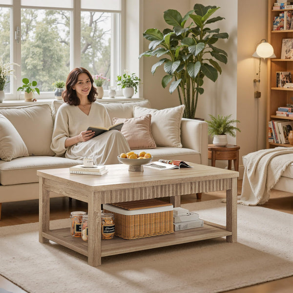 Wave-Edge Coffee Table with 2-Tier Storage