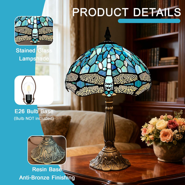Dragonfly Tiffany Stained Glass Table Lamp 12"W x 19"H