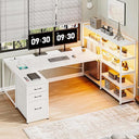 Corner Computer Desk with Power Outlet, LED Lights & Storage Shelves