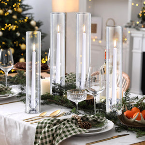 Glass Hurricane Candle Holder Set with Taper Candlesticks & White Candles (12 Set)