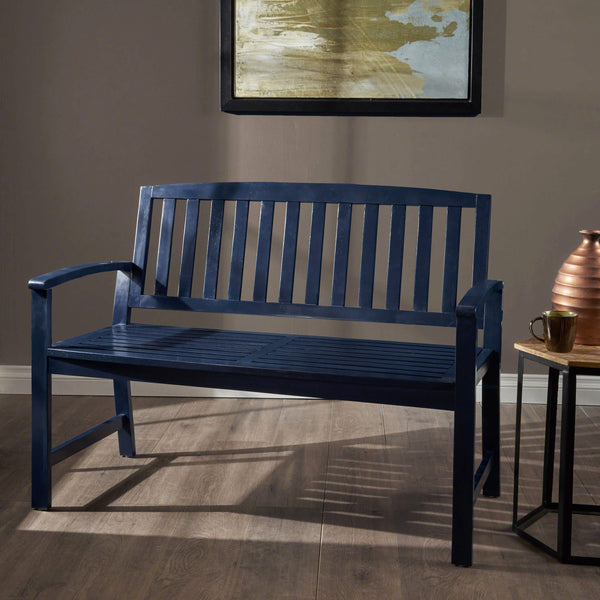 Acacia Wood Farmhouse Bench – PU Navy Blue