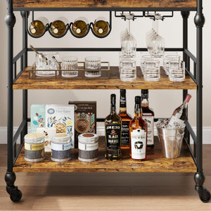 3-Tier Rolling Bar Cart with Removable Tray & Wine Rack