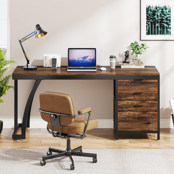 59-Inch Industrial Computer Desk with 3 Drawers and File Storage