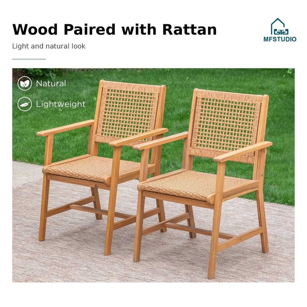 Outdoor Teak Wood Patio Dining Set with Rattan Chairs