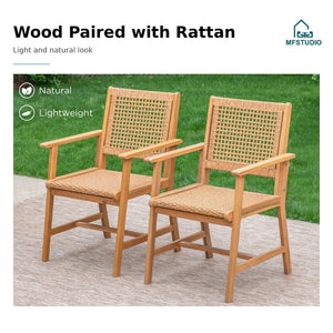 Outdoor Teak Wood Patio Dining Set with Rattan Chairs