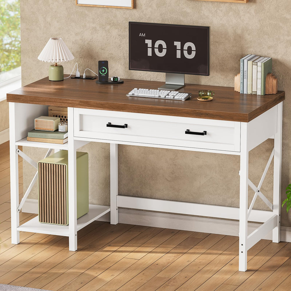 Small Desk with Drawers, Storage Shelves & Built-In Power Outlet