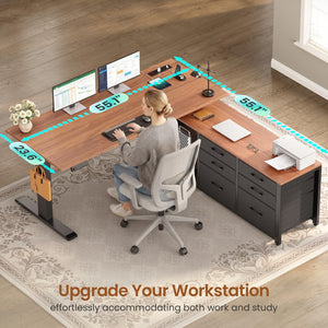 L-Shaped Electric Standing Desk 55" x 55" with 6 Drawers, Storage & Power Outlet