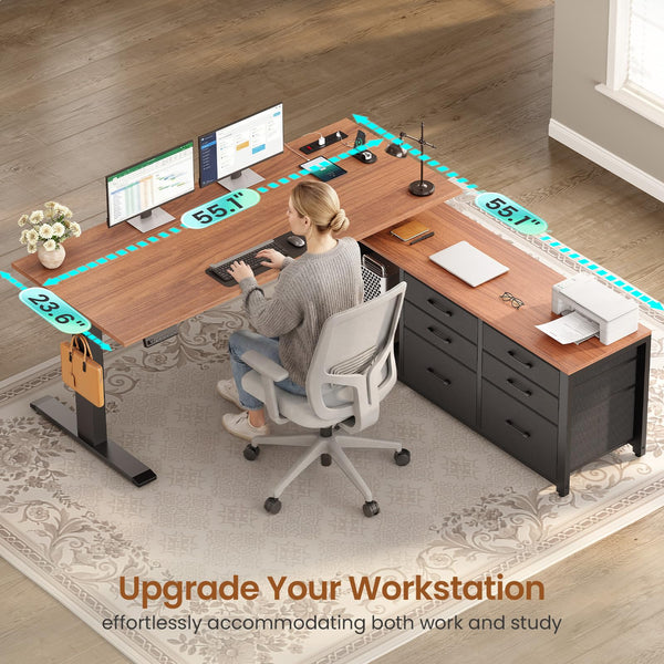 L-Shaped Electric Standing Desk 55" x 55" with 6 Drawers, Storage & Power Outlet