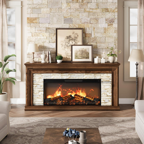 70" Electric Fireplace TV Stand with Mantel & Concealed Storage