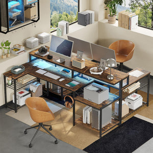 L-Shaped Corner Desk with Power Outlets & LED Monitor Stand