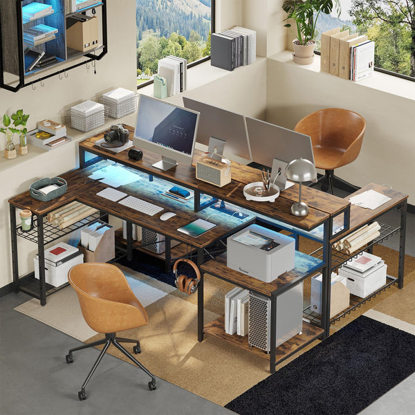 L-Shaped Corner Desk with Power Outlets & LED Monitor Stand