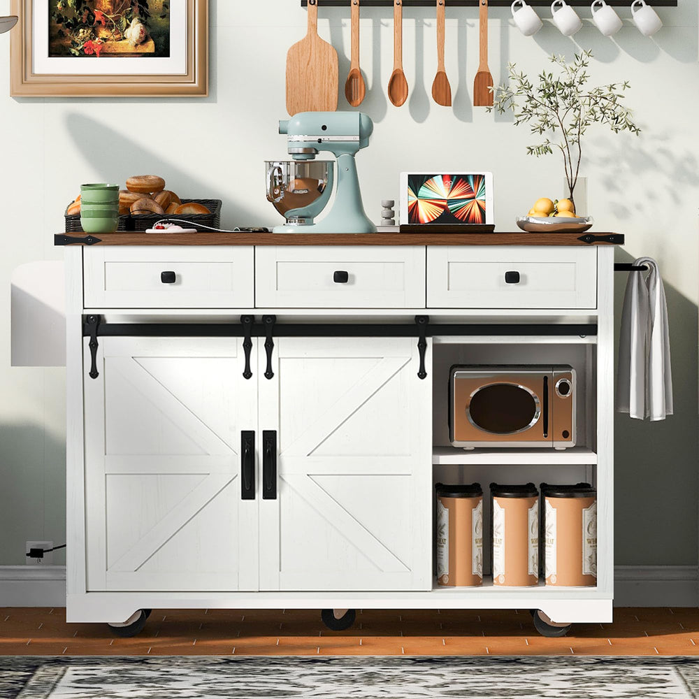 Farmhouse Kitchen Island with Power Outlet & Drop Leaf