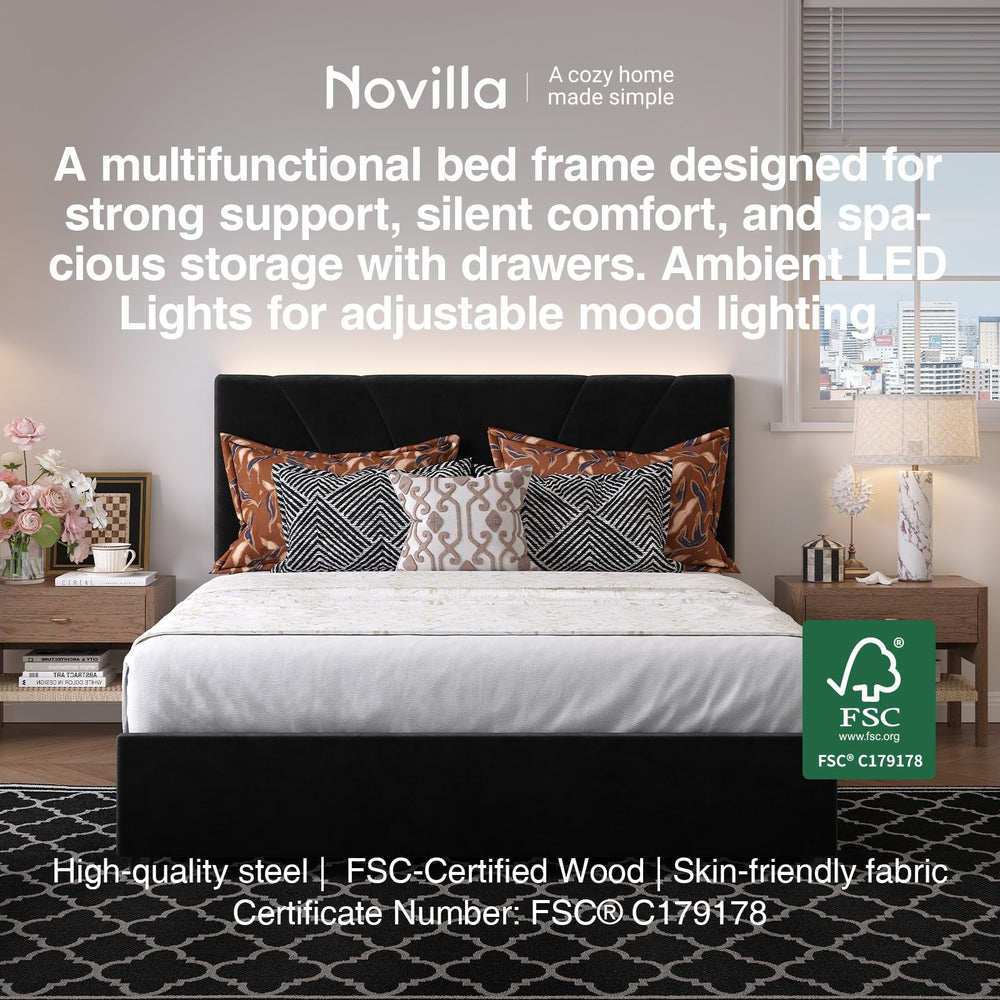 Queen Bed Frame with LED Lights, Drawers & Charging Station