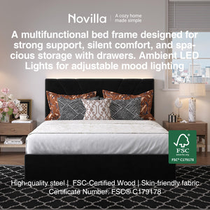 Queen Bed Frame with LED Lights, Drawers & Charging Station