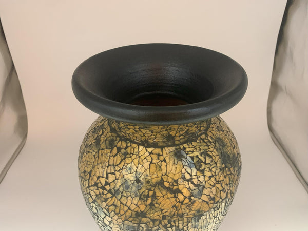 18 Inch Tall Mosaic Floor Vase – Crackled Gold & Black Terracotta Cylinder