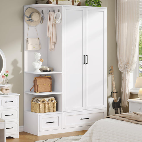 Double Door Wardrobe Closet with Drawers & Open Shelves