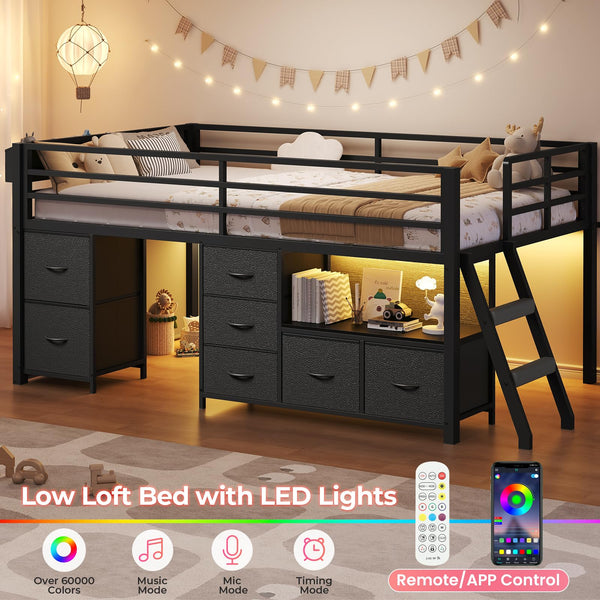 Twin Low Loft Bed with Storage Drawers, Bookcase & LED Lights