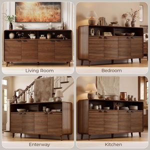 61" Sideboard Buffet Cabinet with Open Storage & 4 Doors – Walnut