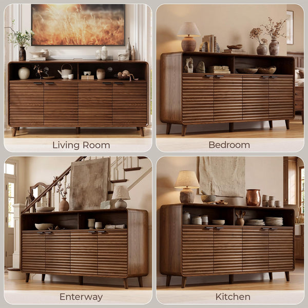 61" Sideboard Buffet Cabinet with Open Storage & 4 Doors – Walnut
