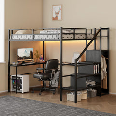 Full Size Metal Loft Bed with Desk, Storage & LED Light