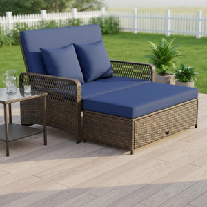 Outdoor Rattan Daybed Loveseat Set with Storage Ottoman & Cushions