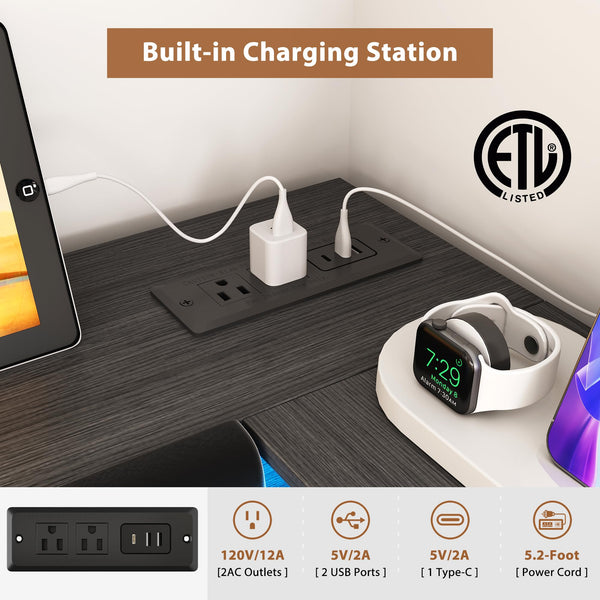 Twin Corner Bed Frame with Storage Headboard, LED Lights & Charging Station