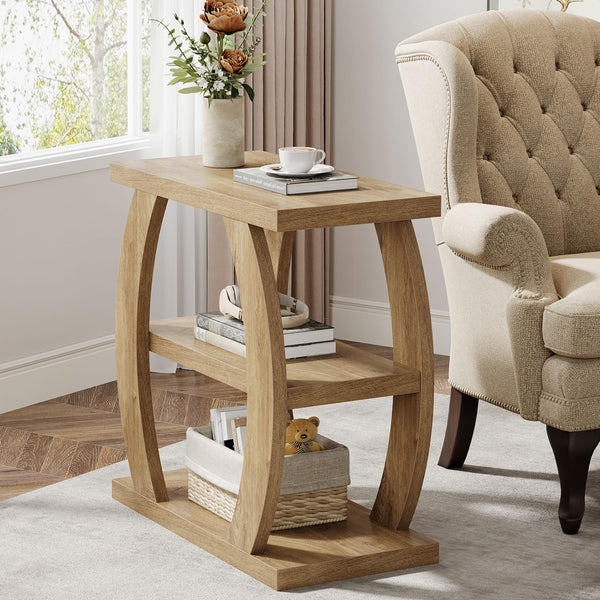 3-Tier Narrow Side Table with Storage – Natural Oak