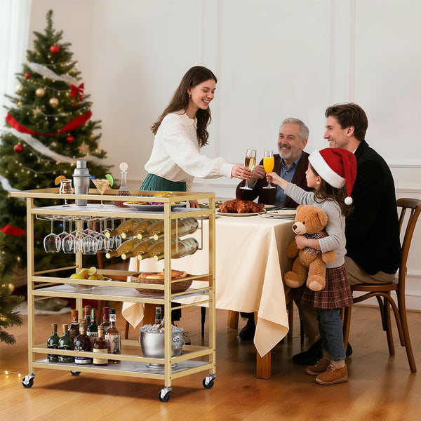 3-Tier Rolling Bar Cart with Wine Rack & Glass Holder