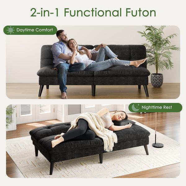 Mid-Century Modern Futon Sofa Bed with Adjustable Backrest