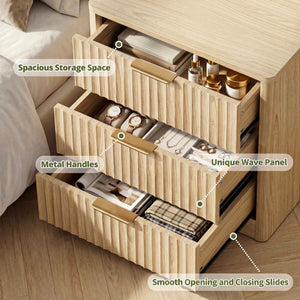 Fluted Nightstand Set of 2 with Charging Station & 3 Drawers