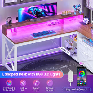L-Shaped Desk with Drawers, LED Lights & Power Outlet
