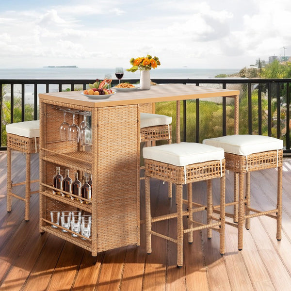 5-Piece Outdoor Wicker Bar Set with Storage