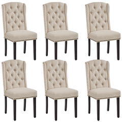 Button-Tufted Upholstered Dining Chairs with Solid Wood Legs – Beige