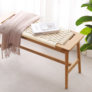 Handwoven Cotton Rope Wood Bench – Solid Oak, Entryway & Bedroom