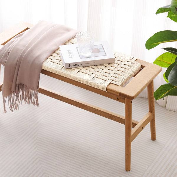Handwoven Cotton Rope Wood Bench – Solid Oak, Entryway & Bedroom